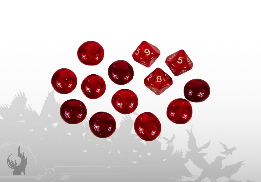 Würfel (3xW10) und Glasmarker (10x) (Rot)