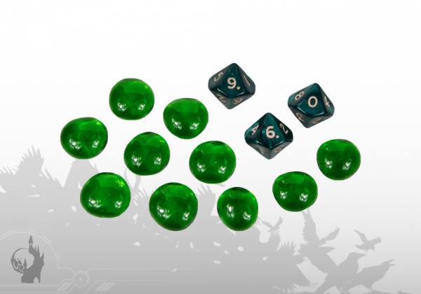 Dice (3xD10) and Glass Tokens (10x) (green)