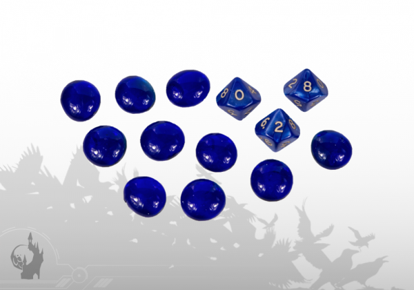 Dice (3xD10) and Glass Tokens (10x) (blue)
