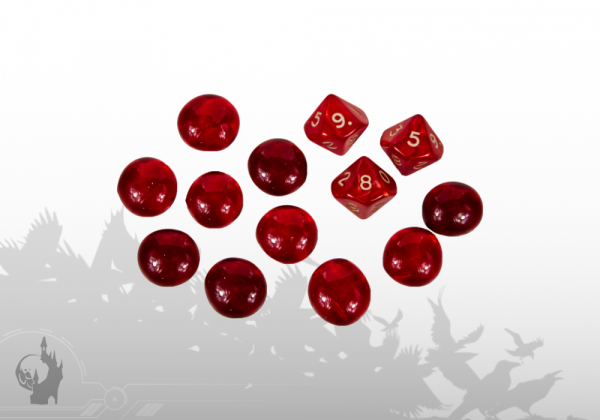 Dice (3xD10) and Glass Tokens (10x) red