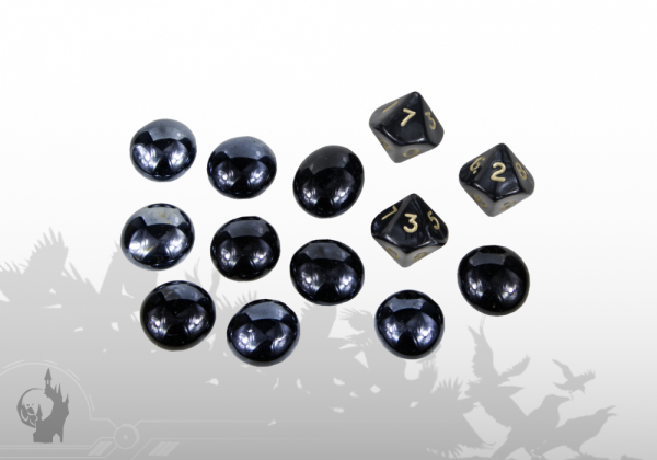 Dice (3xD10) and Glass Tokens (10x) (grey)